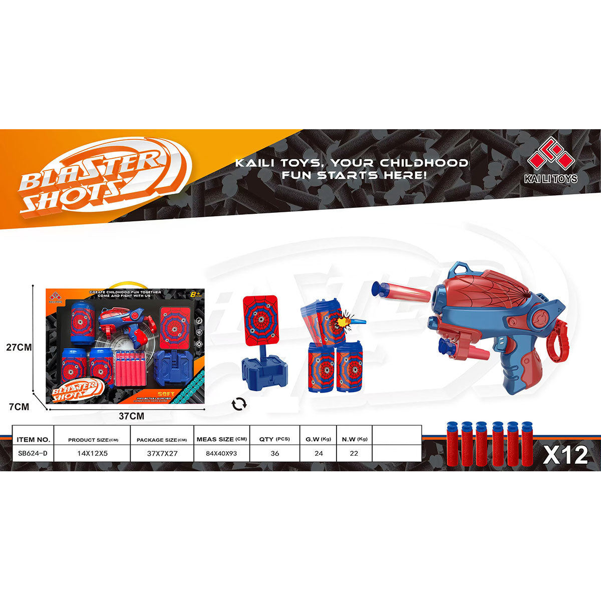 KAILI Soft Bullet Toy Gun Set with red and blue blaster, foam darts, and spider-themed targets, ideal for outdoor play and motor skill development.